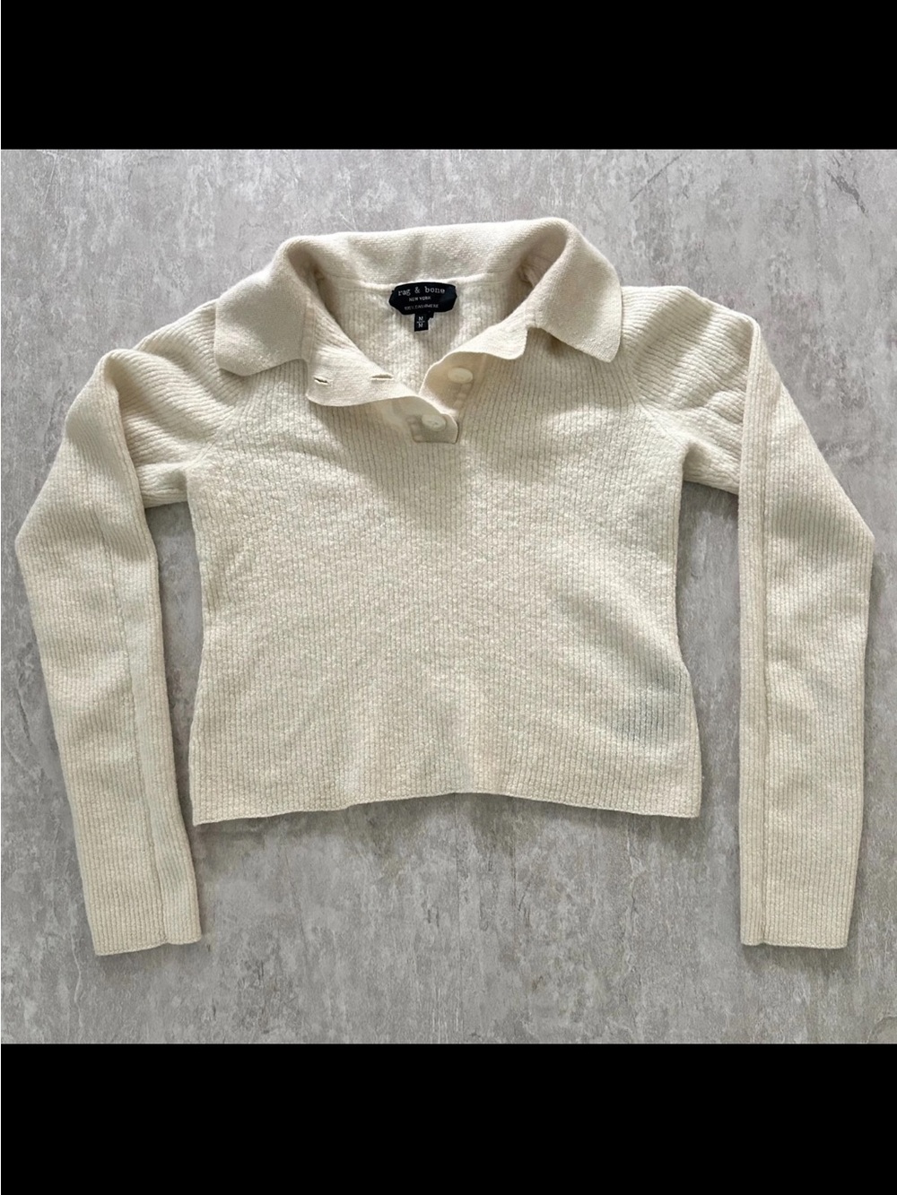 rag & bone Womens M 100% Cashmere Ribbed Polo Sweater Ivory Cream Quiet Luxury